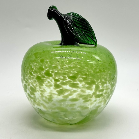 Murano Style Green Art Glass Apple Paperweight Hand Blown Bubble Spotted Leaf 5" - Picture 2 of 5